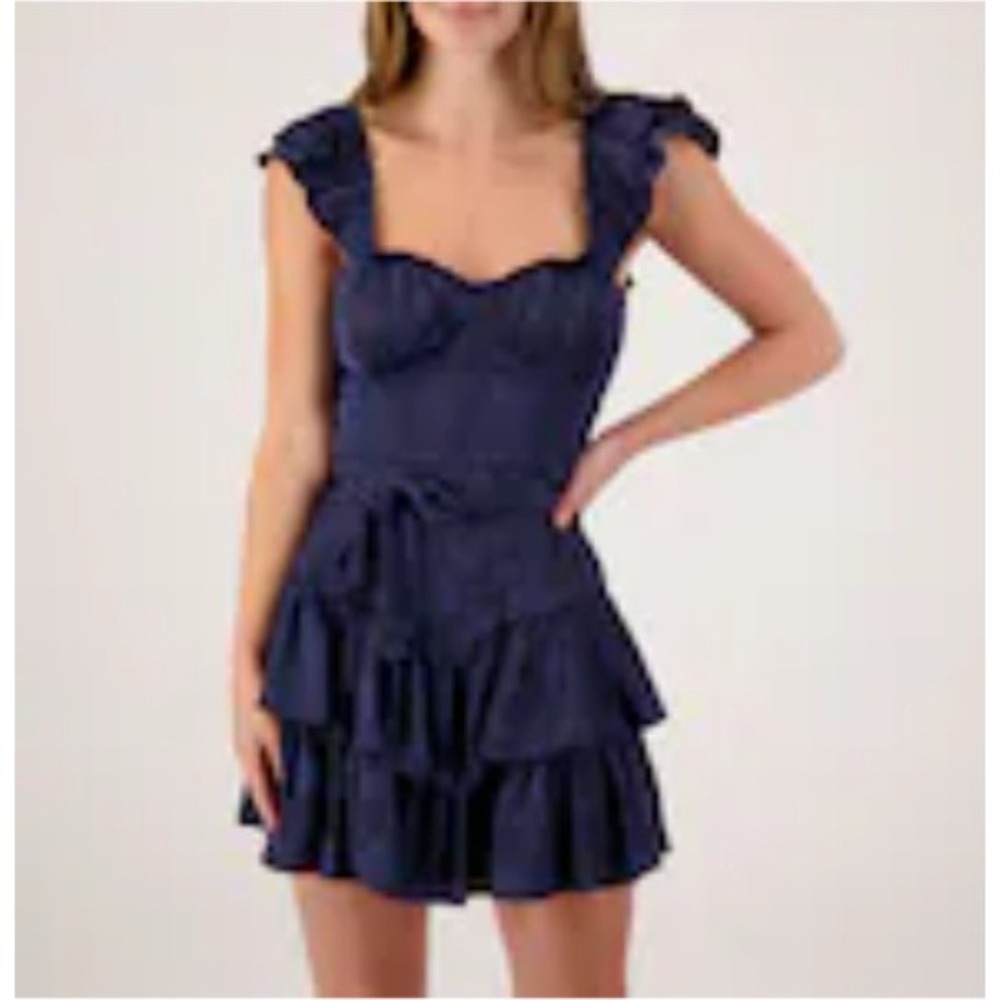 Crystal Doll Navy Blue Floral Jacquard Ruffle Corset Mini Dress XL NWT